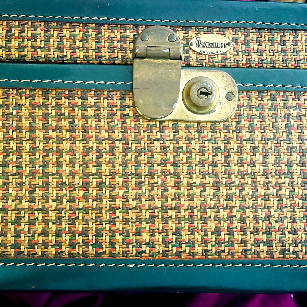 Vintage 1940s ANTIQUE MAXIMILIAN NY TWEED LEATHER CARRY CASE w/BRASS LOCK & KEY
